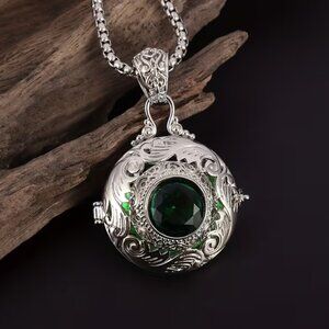 Necklace Hand Carved Pendant Engraved Hollow Locket Beautiful Emerald Rhinestone